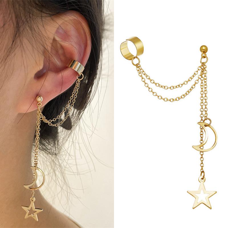 New Hiphop Clip Earrings for Women Star Moon Pendants Ear Cuff Punk Personality Gold Color Tassel Ear Clips Aretes De Mujer