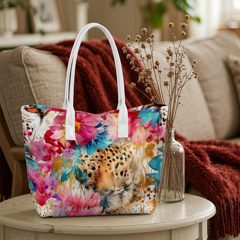 Watercolor Leopard Floral Fashion Women Casual Large Capacity Tote Bag Daily Use Shoulder Handbag