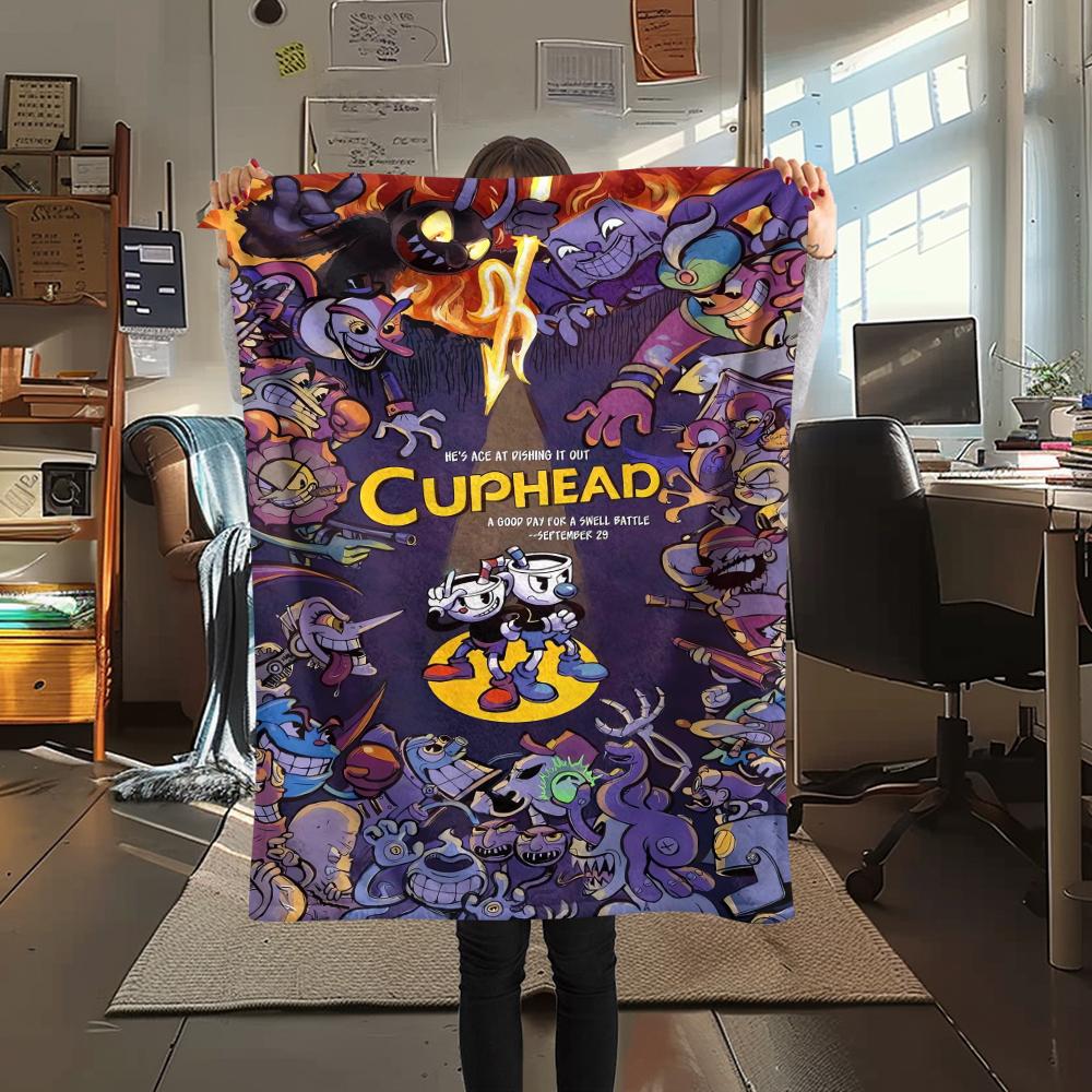 1Pc Cuphead Print Flannel Blanket, High Quality Comfortable for All Seasons, Home Decor, Warmth and Comfort, Perfect for Christmas Gifts