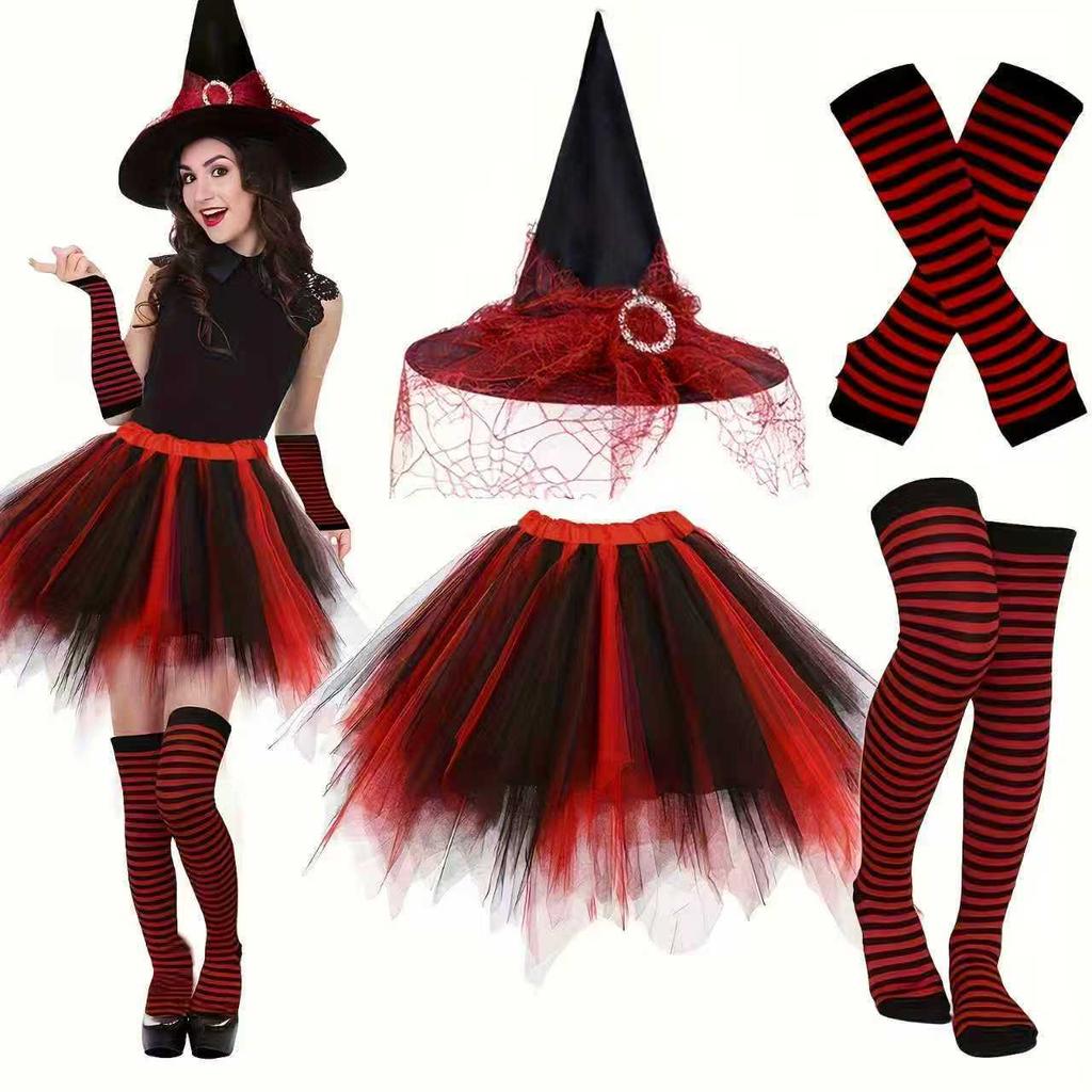 Halloween Party Festive Witch Hat Striped Stockings Trouser Set Hat Set