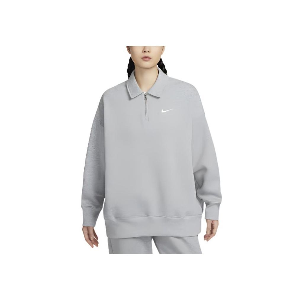 Nike Sportswear Phoenix Fleece Logo Collar Fleece Long Sleeve Sweatshirt Women Sweatshirt Dark-Gray Sail-White FZ3208-063