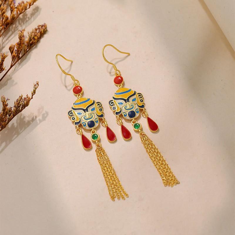 Sanxingdui-Inspired Tassel Earrings with Blessing God Official Design