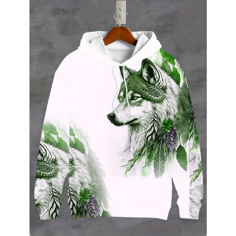 Men's Retro Style Wolf And Feather Pattern Hooded Sweatshirt With Drawstring And Kangaroo Pocket, Sports Hoodie For Fall