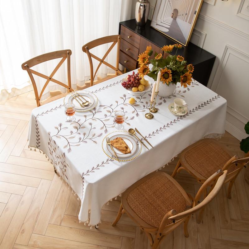 Cross-border Embroidered Plaid Floral Tassel Tablecloth for Coffee & Dining Tables