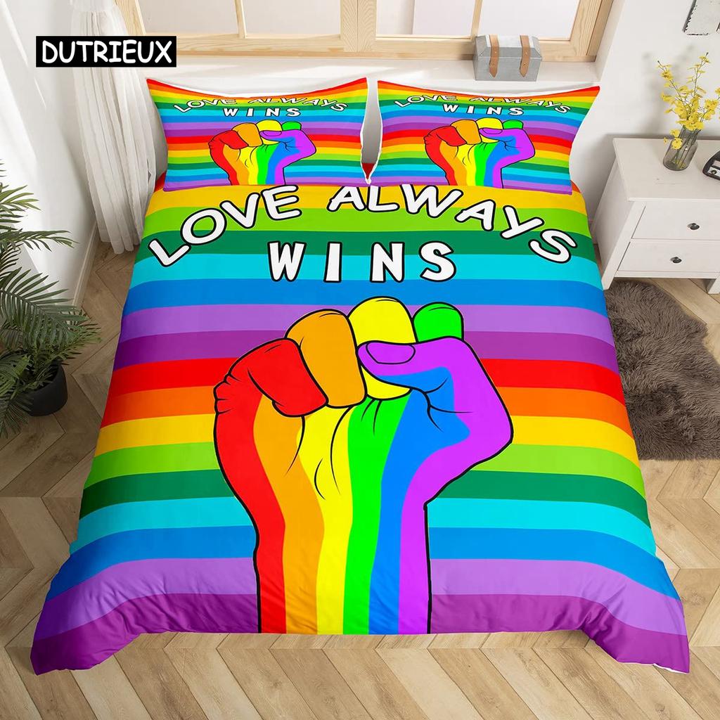 Love is Love Duvet Cover Rainbow Bedding Set Pride for Love Theme Romantic Comforter Cover Colorful Cartoon Car Bedspread Cover