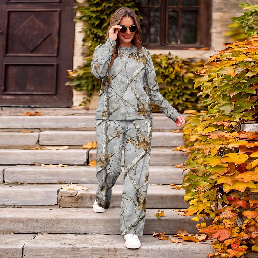 Women's Casual Loose Fit Printed Crewneck Sweatshirt and Pants Matching Set
