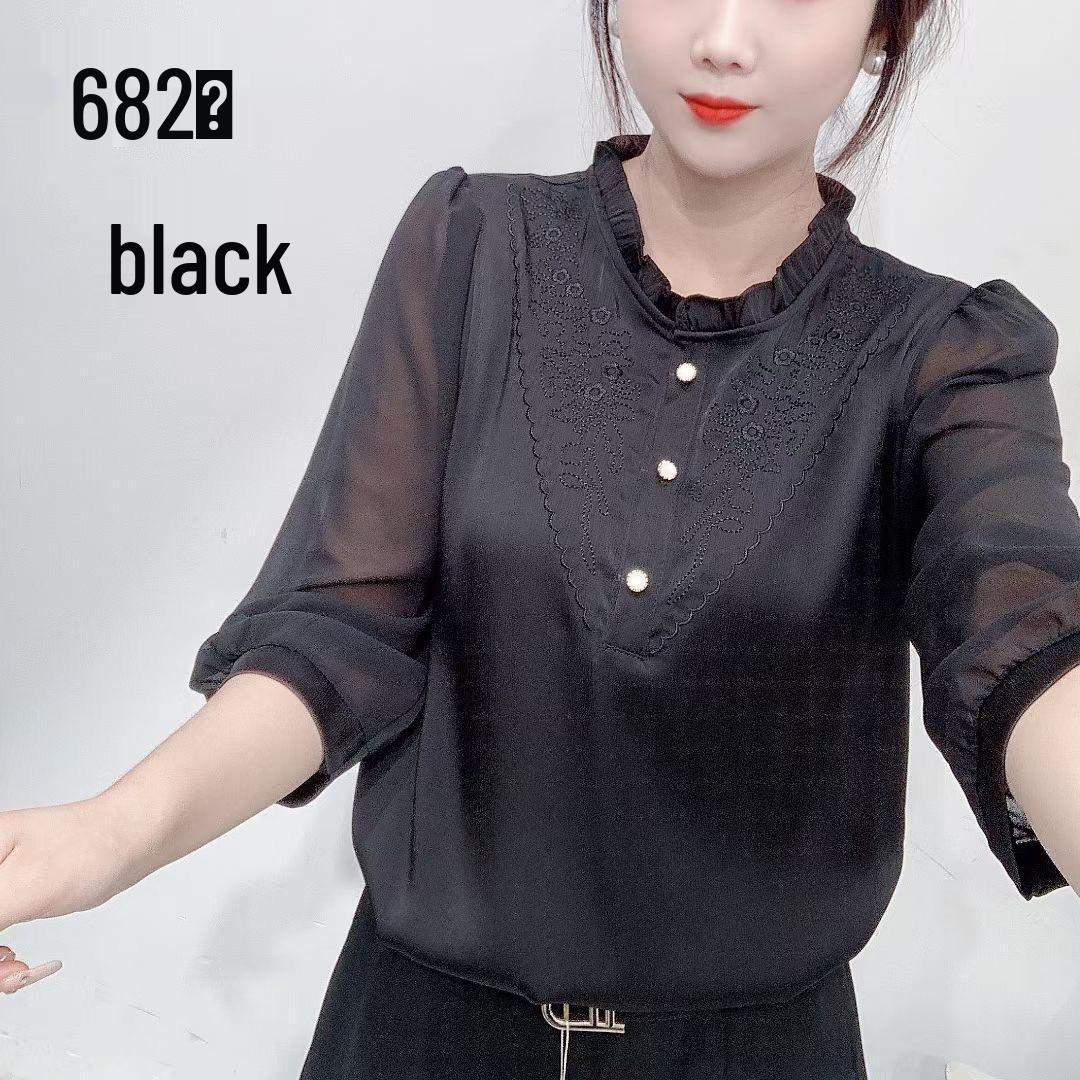 

2024 Summer Embroidered Seven-Sleeve Shirt: Stylish and Youthful XL【110-120 lbs】 чорний