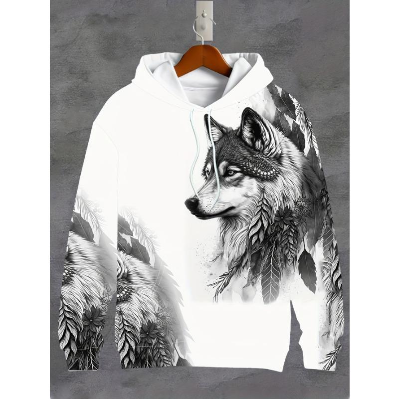 

Мужская толстовка с капюшоном в стиле ретро с рисунком волка и перьев, с завязками и карманом-кенгуру, спортивная толстовка с капюшоном на осень 5XL