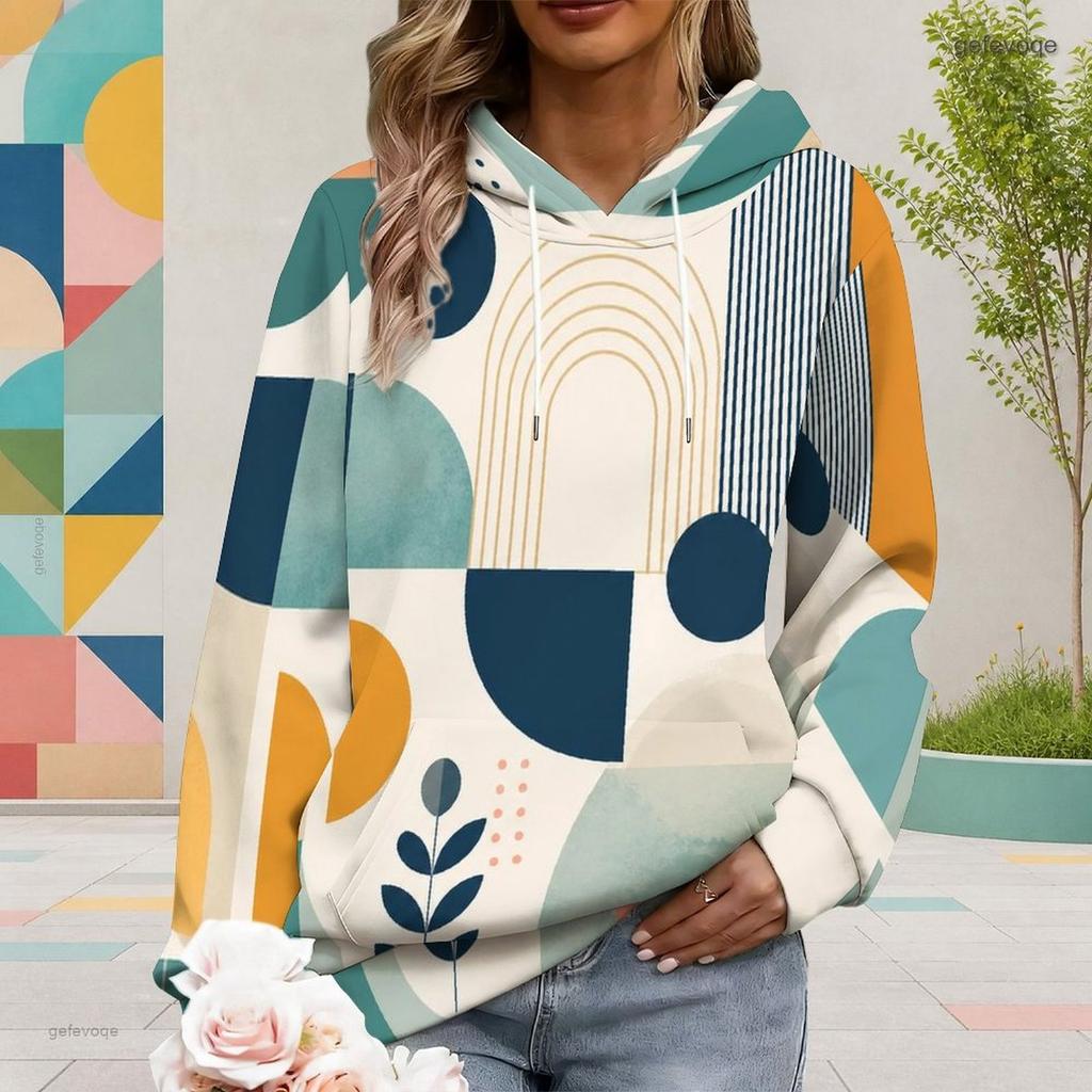 Women Plus Size Off White Printed Long Sleeve Drawstring Hoodie With Kangaroo Pocket