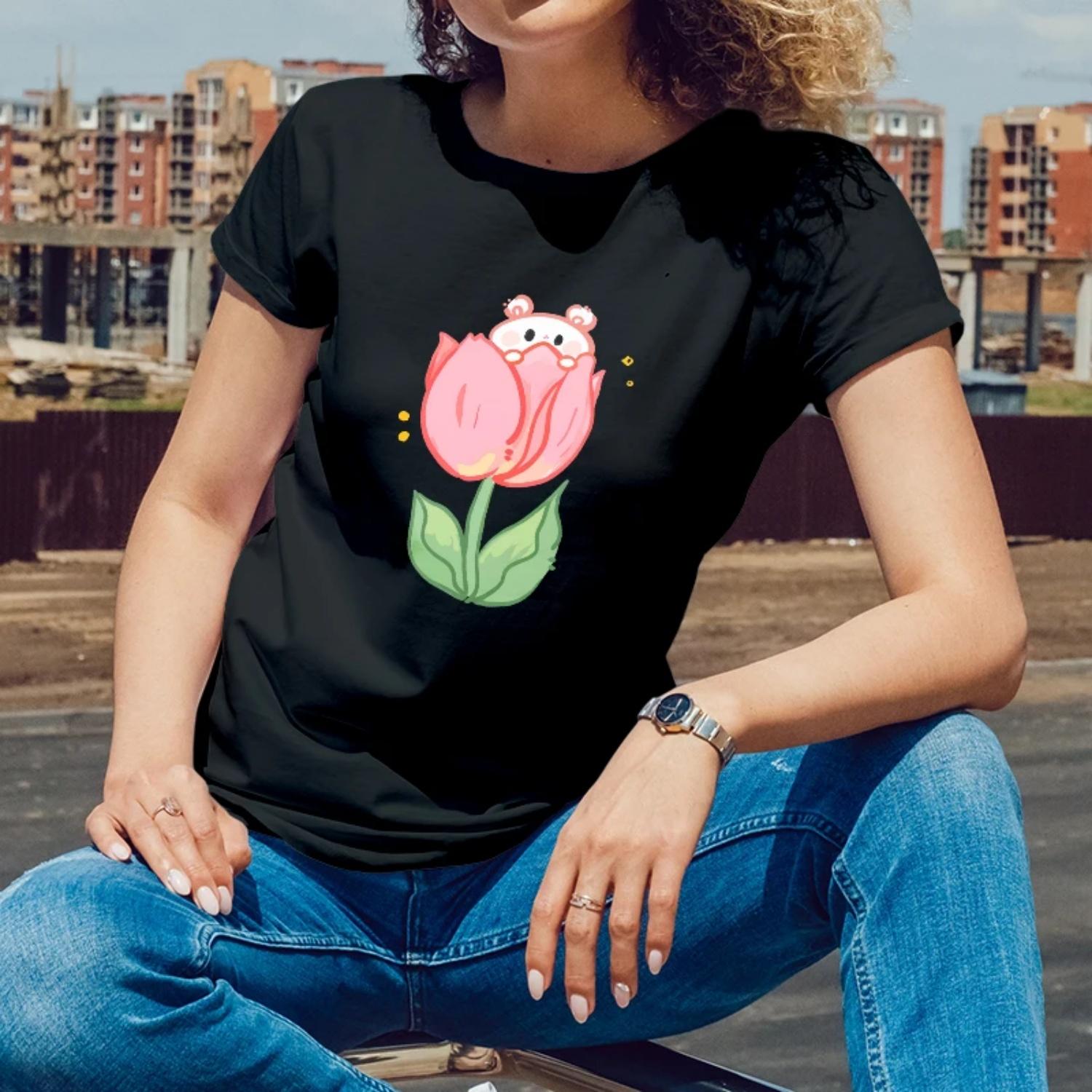 

SummerWomensShortSleeve CottonTShirtCuteAnimalTulip PrintforOutdoorSummer AmusementsYoungWomenwith a PlayfulAdorableStyle S чёрный