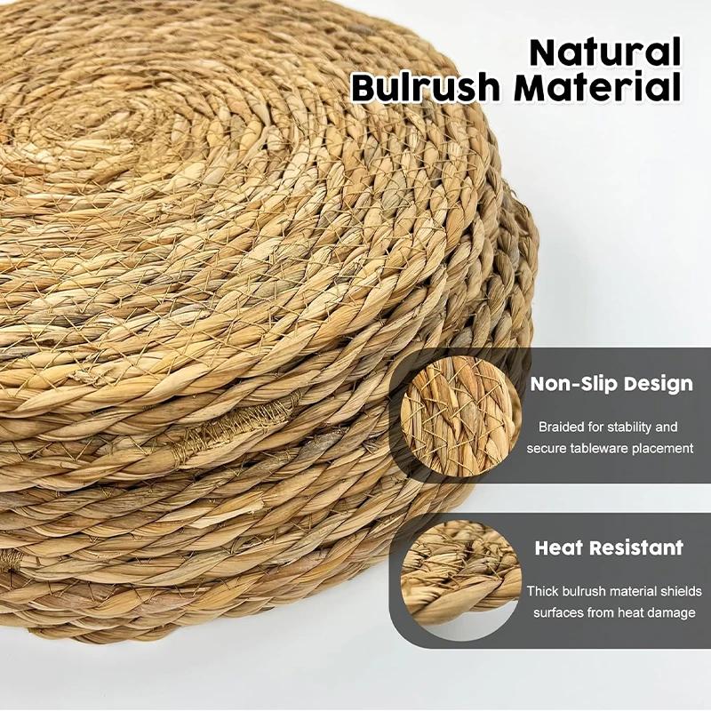 6pc Handmade Straw Woven Placemats Tableware Mat for Dining Table Wicker Natural Round Straw Pad Heat Resistant Place Mats