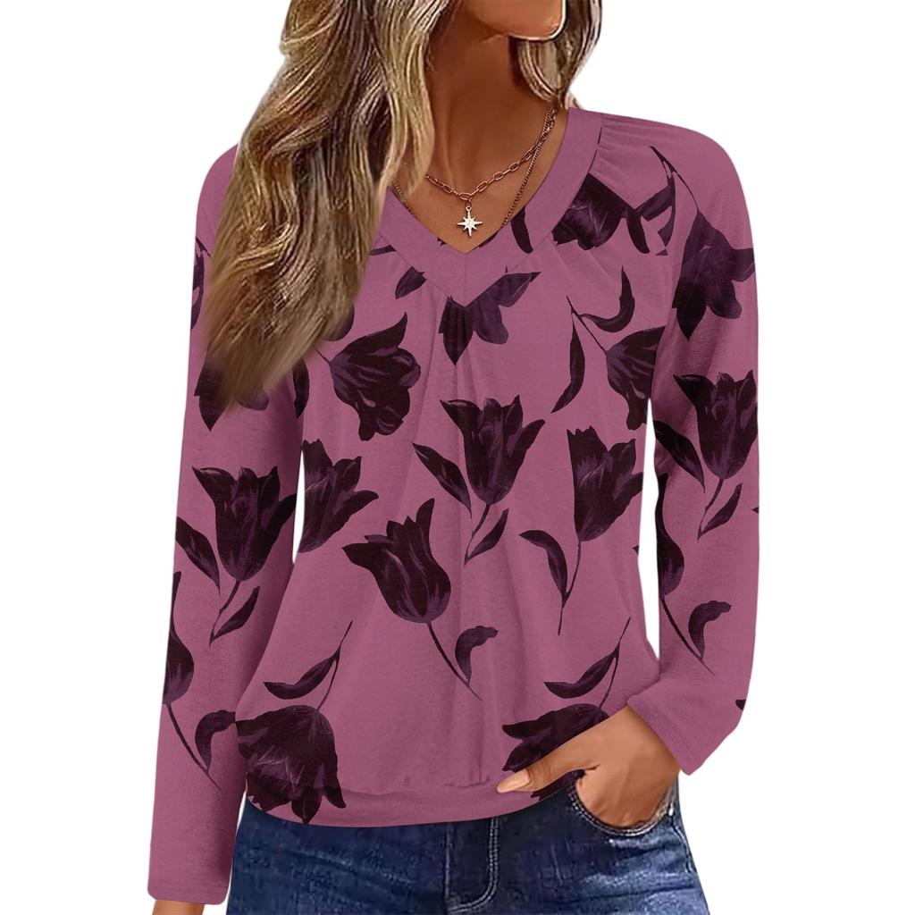 Damen Casual Mode V-Ausschnitt Raglan Plissee Floralprint Langarm Top