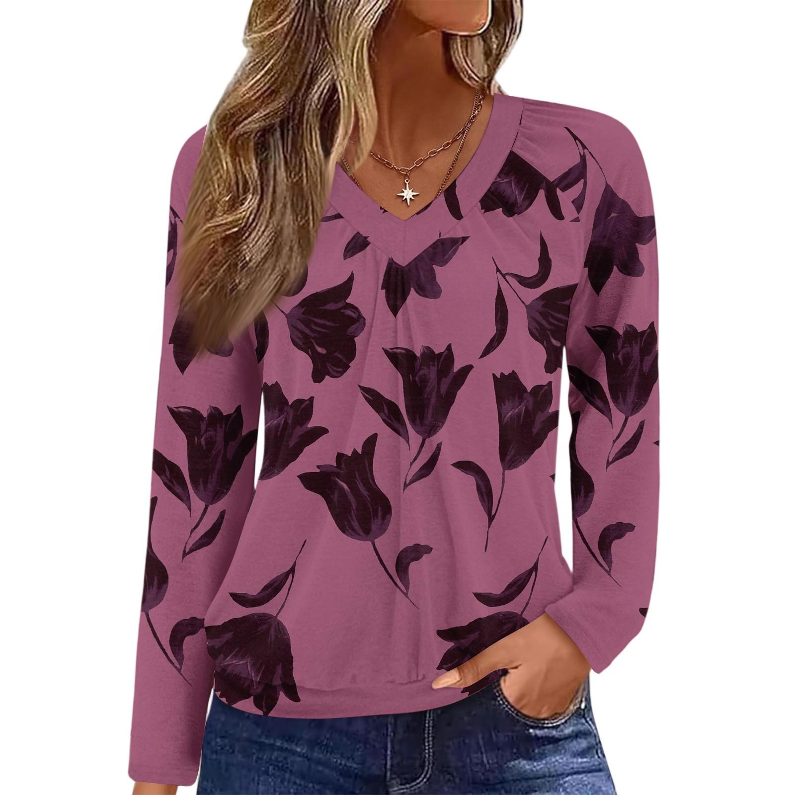 

Женский повседневный модный топ с V-образным вырезом, рукавами реглан, плиссировкой и цветочным принтом, с длинным рукавом L винный