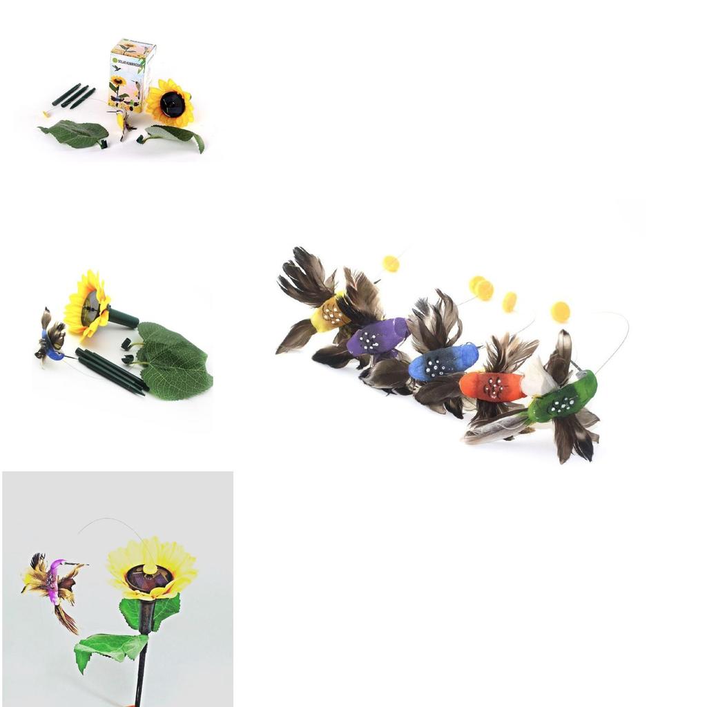 Elegant Sunflower Garden Stake Featuring Solar Powered Fluttering Hummingbird Design