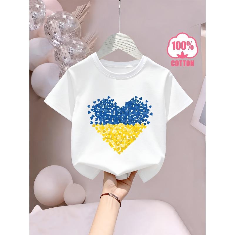 European sizes Design-inspired Blue and Yellow Heart Lettering/cartoon Print, Girls Short-sleeved T-shirt, Cool and Breathable,Cotton Material 110 белый