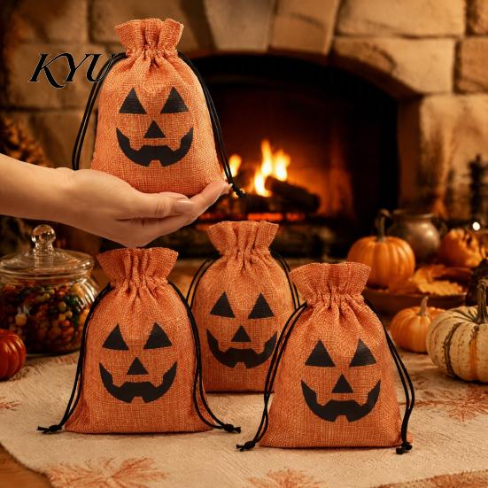 School Party Supplies 5Pcs Halloween Burlap Drawstring Bags, Candy Treat Pouch for Favor, Rustic Favors Goodie Trick or Reusable Gift Packaging Fabric