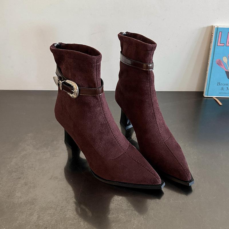 

Skinny high-heeled boots 2025 autumn and winter new retro pointed thin-heeled temperament fashion short boots women s versatile Martin boots 42 коричневый