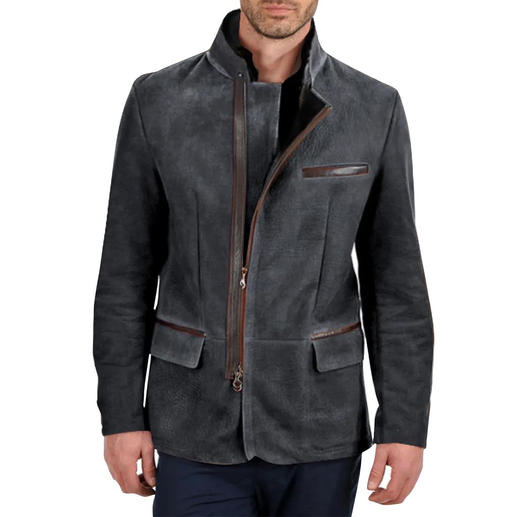 Men's Solid Color Zipper Button Pocket Work Jacket Men's Casual Long Coat
