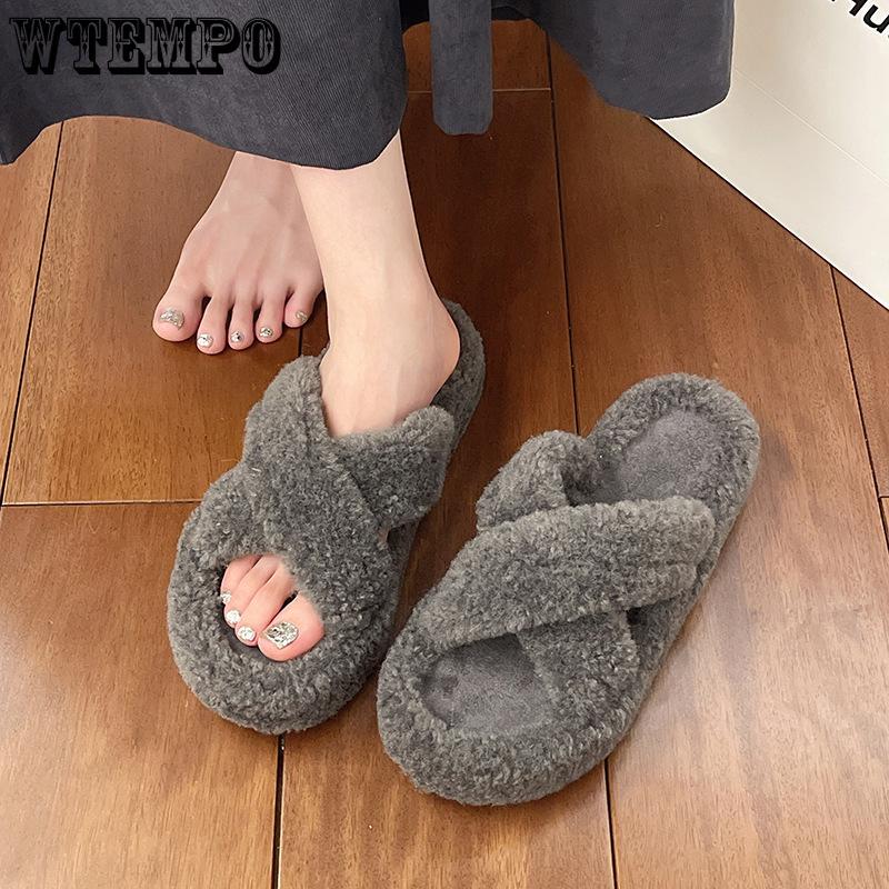 Women’s Cross Band Fur Slippers Indoor Furry Fuzzy Open Toe Shoes Warm Slides Double Straps Slipper Soft Sole Non Slip