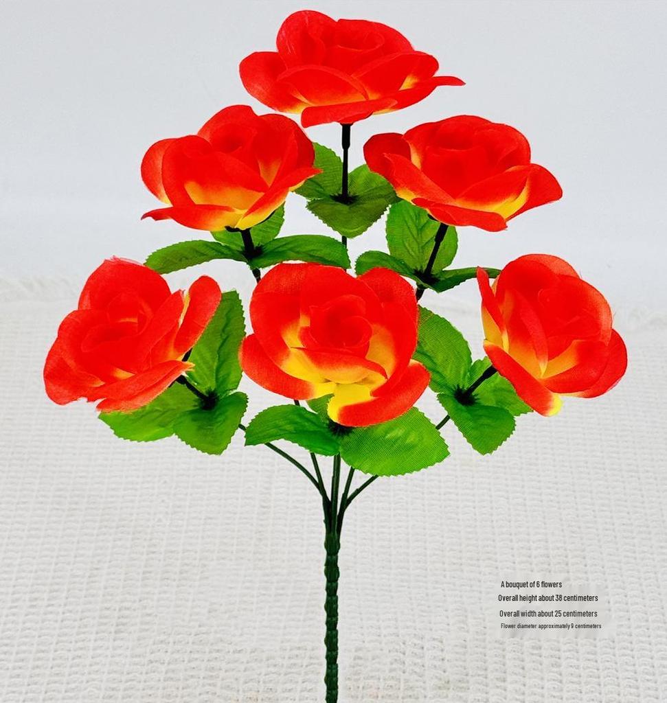 Curly Edge Red Rose Bouquet - 6 Head Artificial Silk Flowers for Living Room Decoration