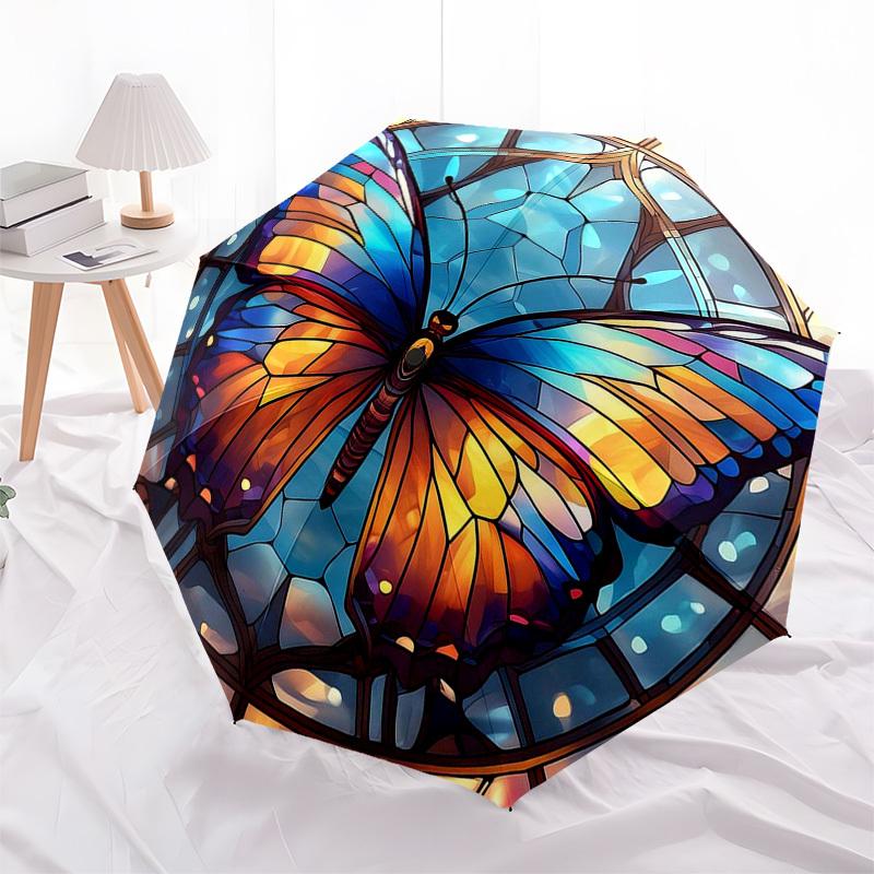 1pc Stained Glass Butterfly Design Automatic Opening Folding Umbrella with 8-Bone Iron Frame - Portable Outdoor for Fans, Travelers, Everyday Use, Fes