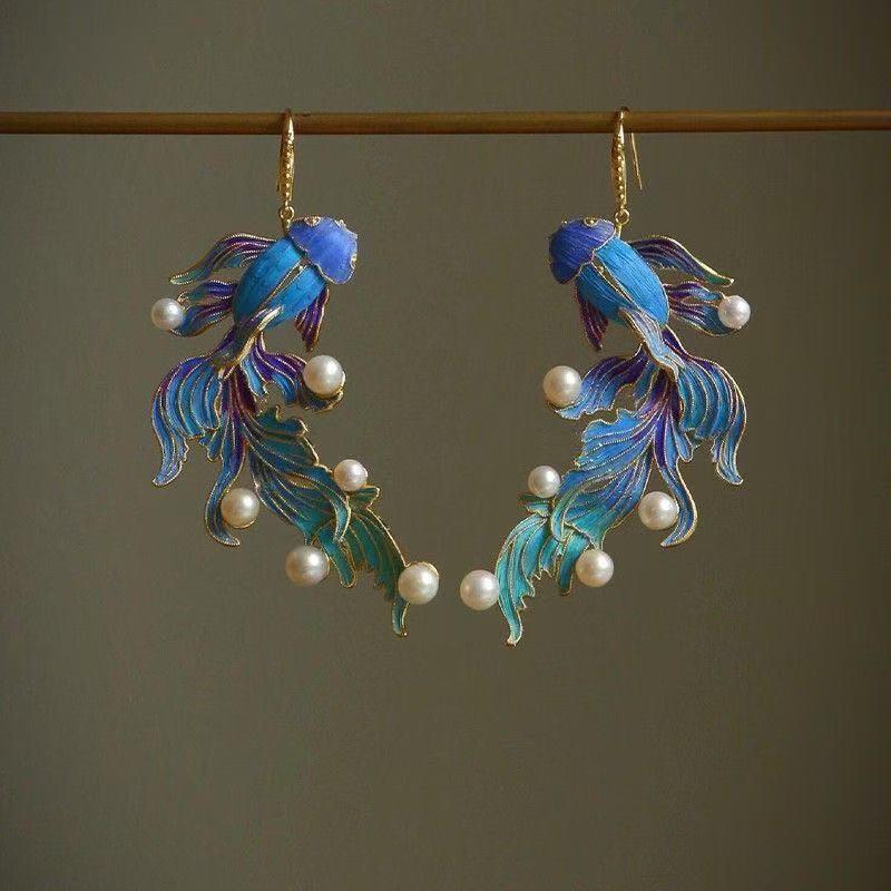 Retro Blue Koi Fish Earrings: Niche Hanfu Ear Hooks for Women