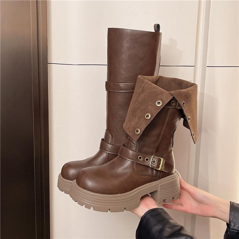 Stylish Block Heel Single Boots Autumn New Round Toe Studded Platform Sleeve Non-Slip Mid-Leg Boots