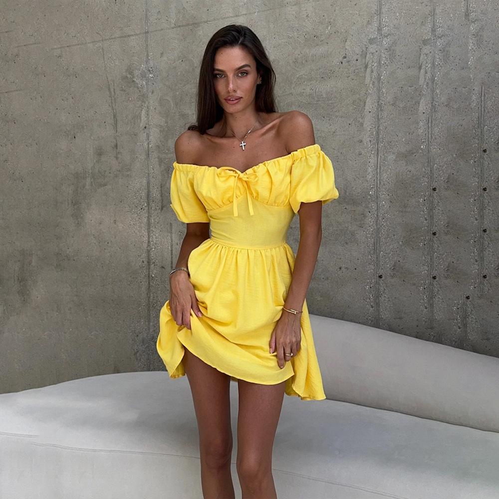 One-word shoulder short-sleeved dress, European and American summer new lace-up waist short skirt, bubble sleeve dress