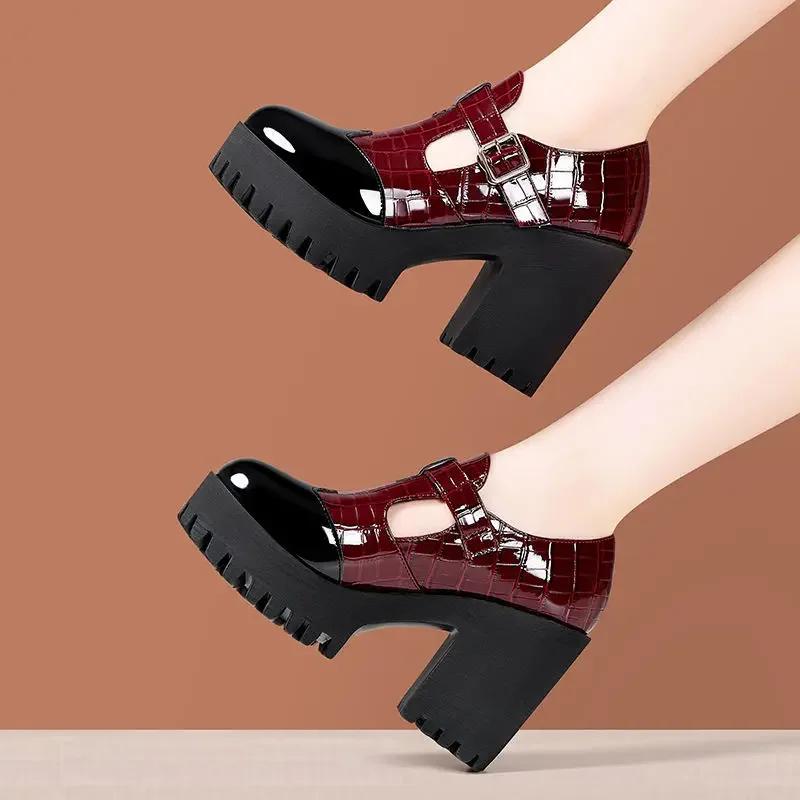 10cm Kleine Größe 32-42 Tiefer Ausschnitt Glattes Leder Mary Janes Damen Plateau Pumps 2025 Herbst Block Hohe Absätze Schuhe Büro Modell