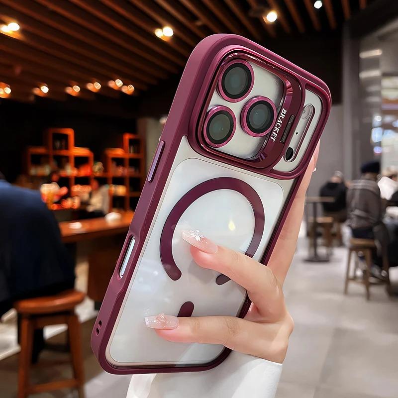 

Luxury For Magsafe Bracket Phone Case For iPhone 17 16 15 14 13 Pro Max 16Pro 17Pro Camera Lens Protection Stand Holder Cover iPhone17 Pro Max вино красного
