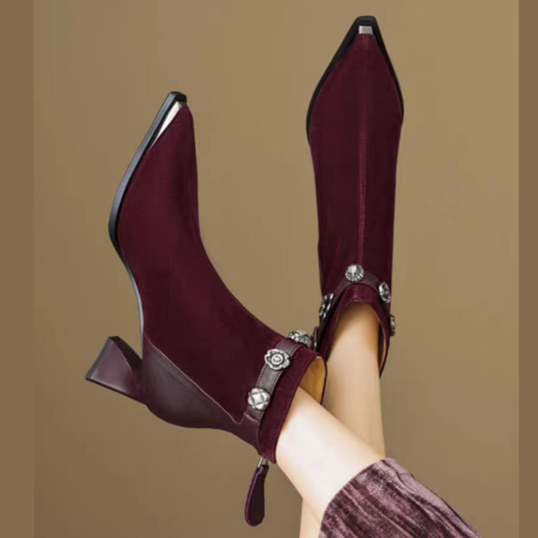 

Модные женские ботильоны с острым носком на высоком каблуке, фирменные замшевые туфли на толстой подошве, элегантные офисные туфли для женщин, зима 2025 года, трендовые ретро-ботинки Mujer 38 вино красного