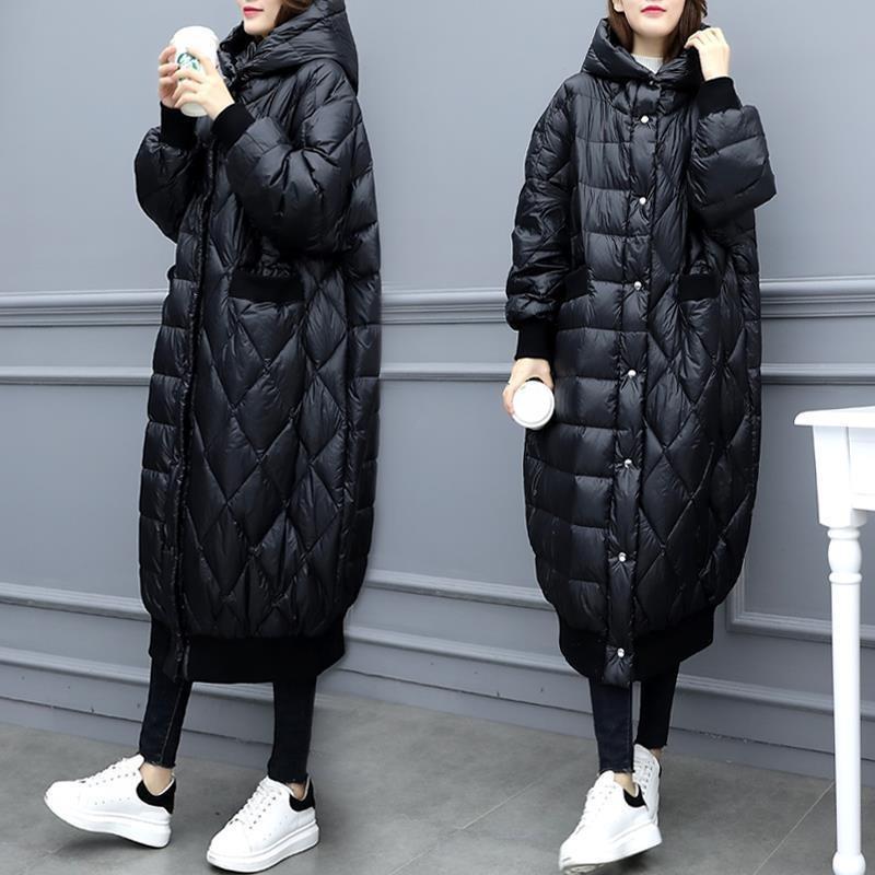 Long glossy down cotton-padded jacket, new large size loose over the knee, black cotton-padded jacket, women's winter clothing