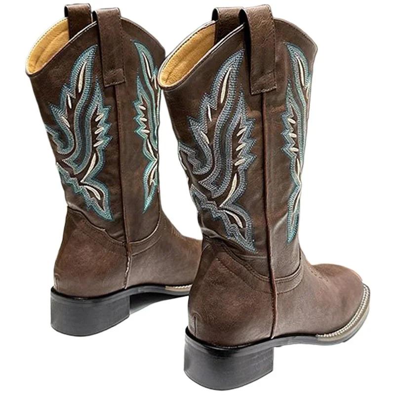 Luxusní značkové dámské boty Vyšívané westernové boty Kožené poloviční kovbojské boty Zimní boty na robustním podpatku Dámské podzimní boty
