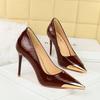 Shallow Heeled High Heels for Women, Pointed Iron Toe Decorative Super High Heels, Patent Leather Single Shoes