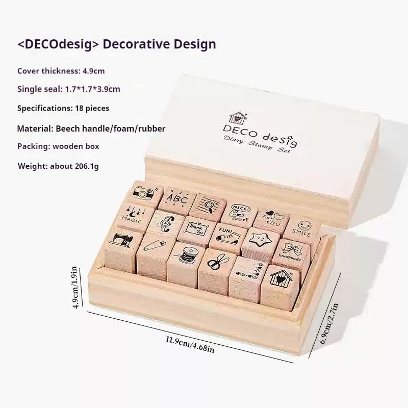 Exquisite Daily Life 18 Pieces Of Beech Wood Seal Set Diy Journal Decorative Materials Stamp Wooden Box Collage Stamp Gift