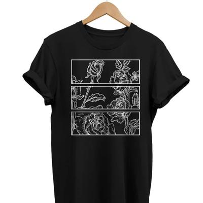 Roses Print Black TShirt Casual Oversize Short Sleeve Gothic Trendy Womens Inner Layer Basic Flower Pattern Crew Neck Top