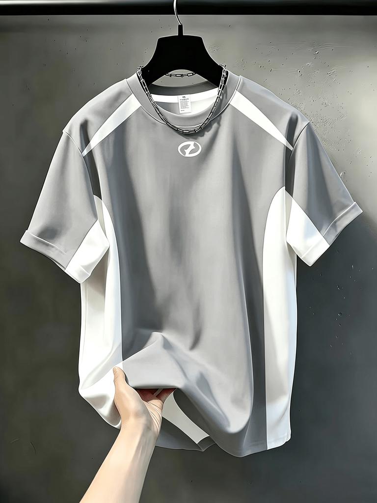 Casual round neck T-shirt, contrasting color block design, fashionable top for all seasons