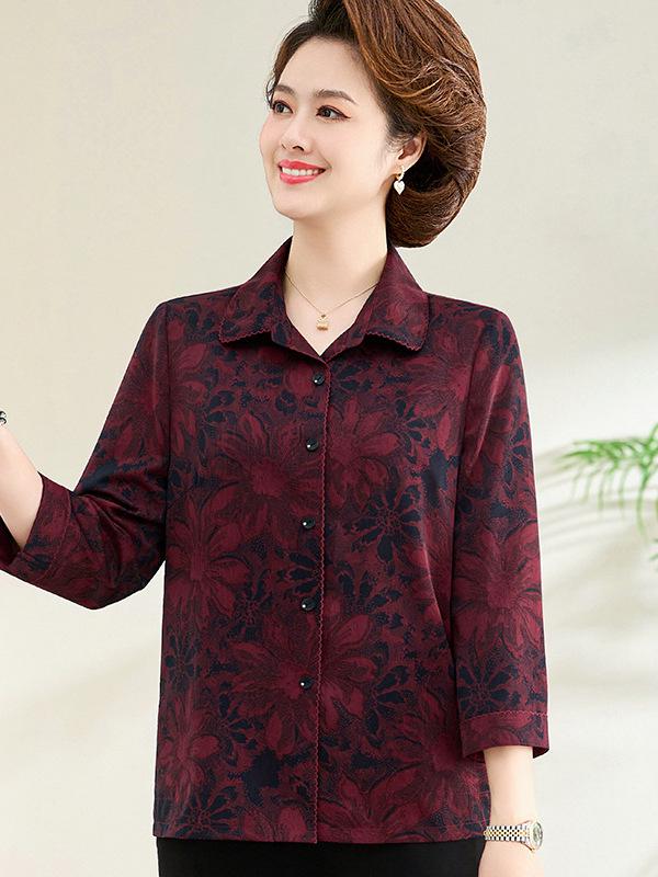 Women's Loose Floral Print Lapel Shirts for Spring and Autumn: Long-Sleeved, Plus Size, Suitable for Middle-Aged and Elderly