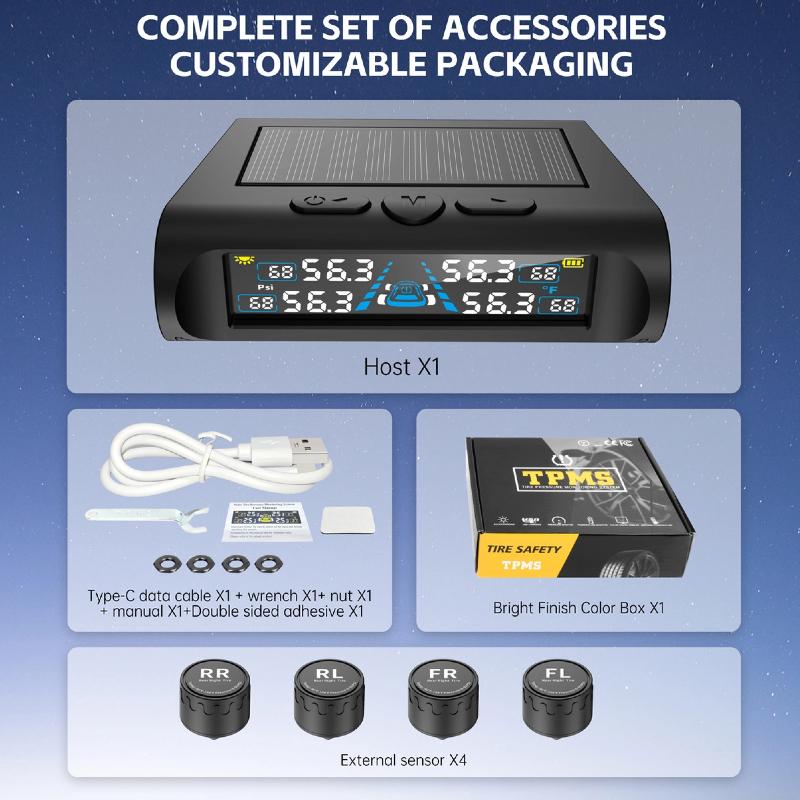 USB/Solar TPMS Temperature Monitor with 4 External Sensors Digital LCD Display 0-6.8Bar T21 Tire Pressure Gauge Car Tyre Monitor