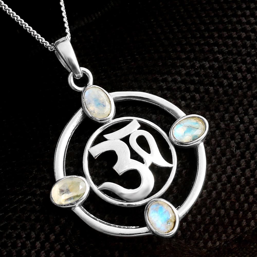 Natural Moonstone Om Pendant Necklace 925 Sterling Silver Women Jewelry