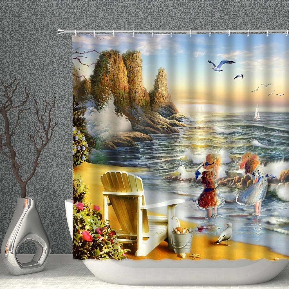 Landscape Oil Painting Shower Curtain Seaside Lighthouse Garden House Bathroom Curtains Waterproof Seagulls Girls Bath Screen W90XH180cm