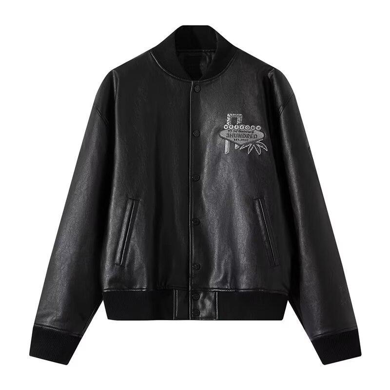 

Men s Trendy American Poker Embroidered Leather Baseball Jacket - Cool Casual Loose Fit for Spring/Autumn, Plus Size Available XL чорний