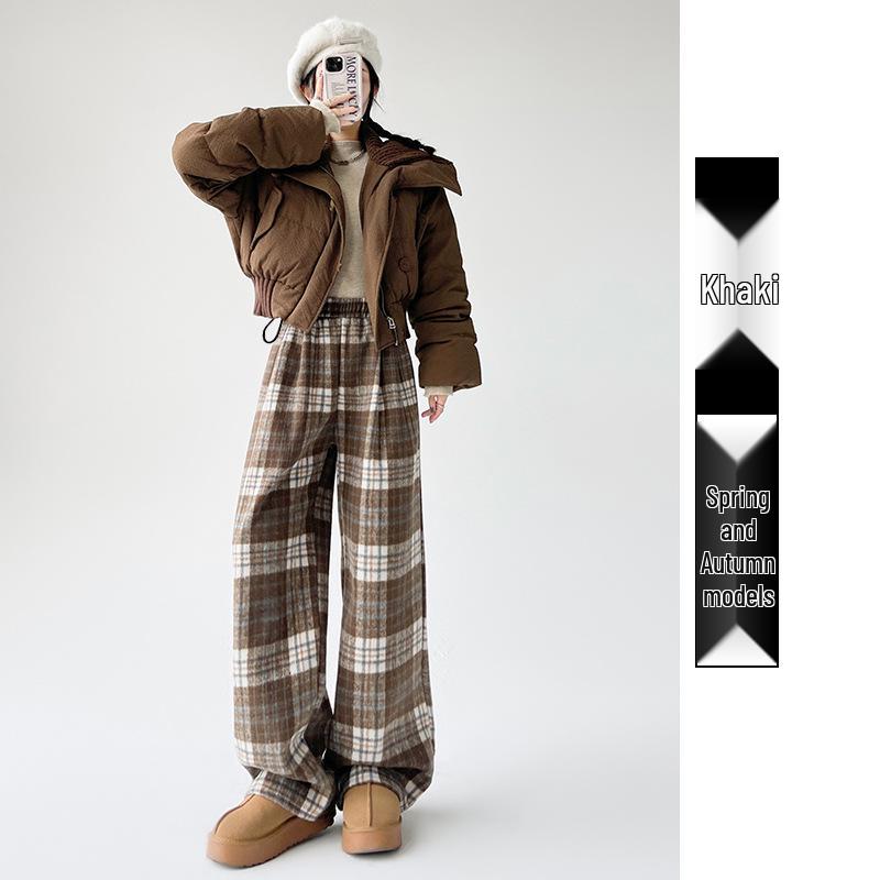 

2025 New Style Warm Plaid Maternity Pants - Loose, Straight Leg, Velvet, Woolen, Wide Leg for Autumn/Winter 2XL