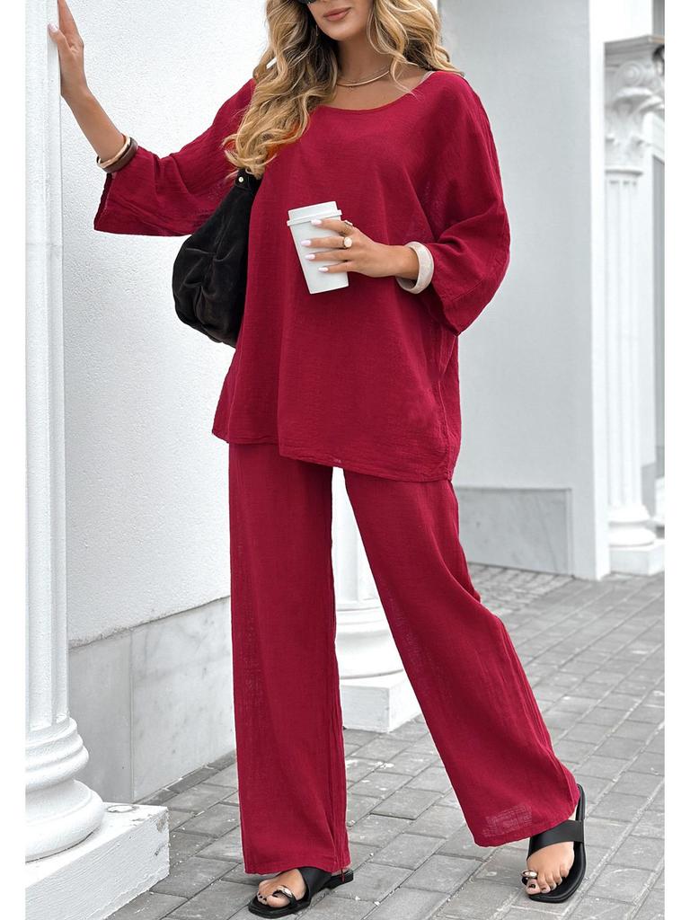 2025 Women's Solid Color Linen-Cotton Top & Lace-up Loose Pants Set - European & American Casual Style