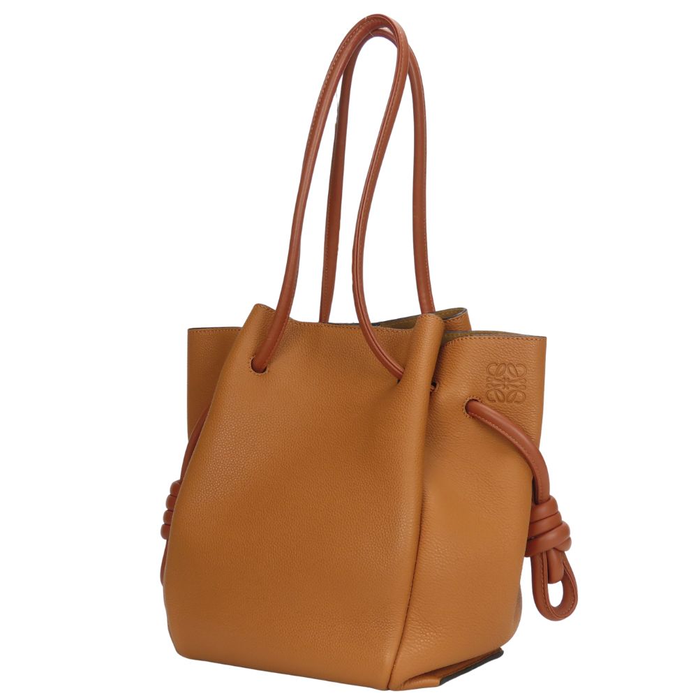 Used LOEWE Tote Bag Flamenco Knots Leather Camel Brown Anagram