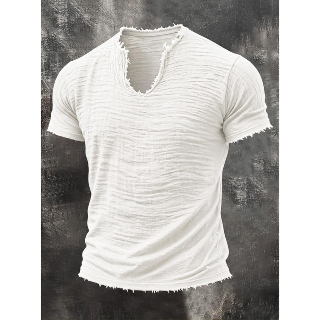 Summer, Solid Color, Men's T-shirt, Retro V-neck, Hairy Edge, Short Sleeve