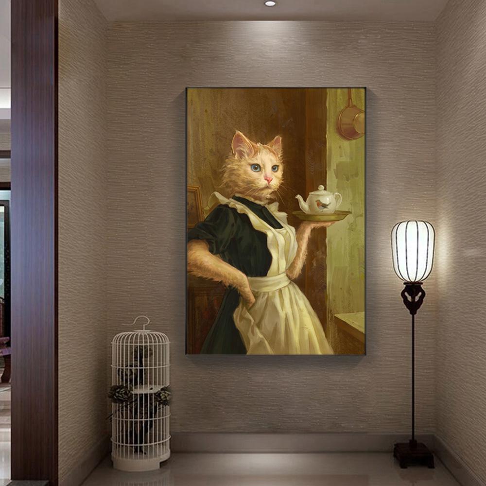Pussy Maid Cat Personification Posters Wall Art Canvas Prints Retro Funny Animals Paintings for Living Room Home Decor Pictures