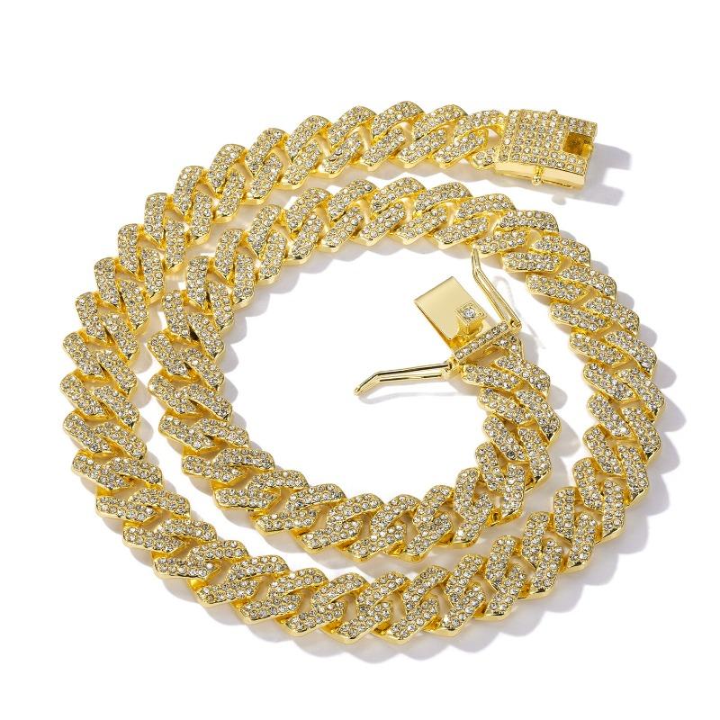 1PC European and American Popular 14mm Rhombus Cuban Chain Zinc Alloy Necklace Full of Diamonds Hip Hop Trendy Men's and Women's Fashion Quality