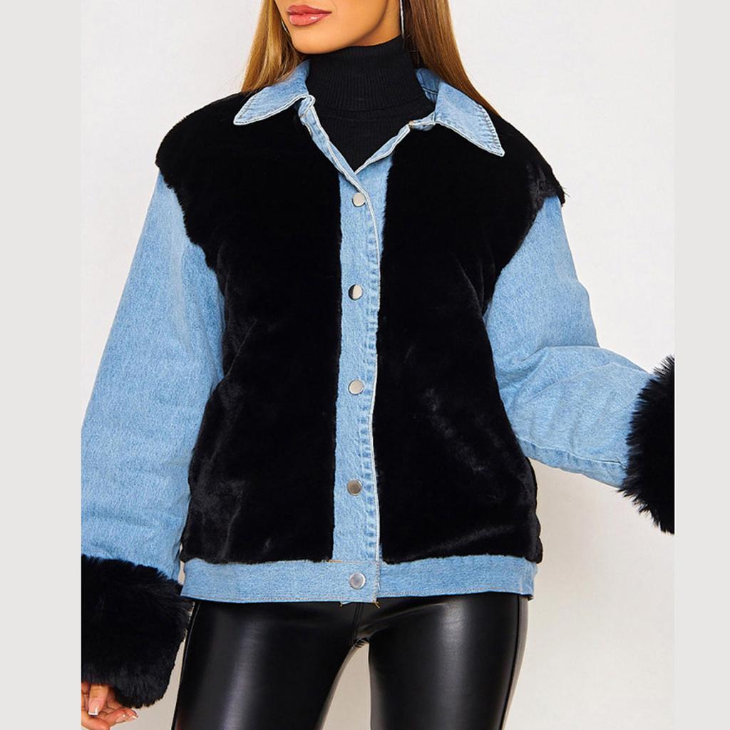 Moda Donna Casual Peluche Patchwork Cardigan Outerwear Giacca di Jeans Cappotto