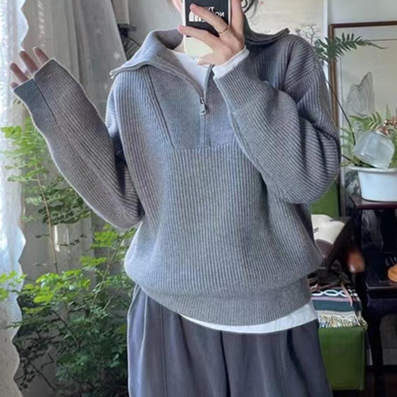 Women's Knitted Sweater Lapel Zipper Sweater Women's Autumn and Winter Loose Lazy Wind Outer Pullover